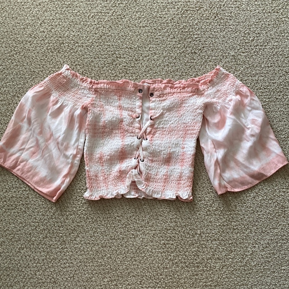 American Eagle Pink Tie Dye Off The Shoulder Smocked Crop Top Blouse Size XS EUC